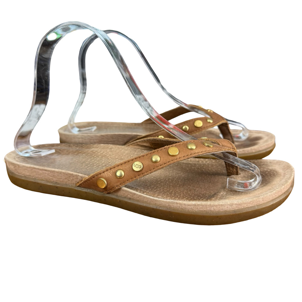 Ugg Lyndi Leather Flip Flops Studded Tan Brown Gold Sandals Thongs Shoes sz 8
